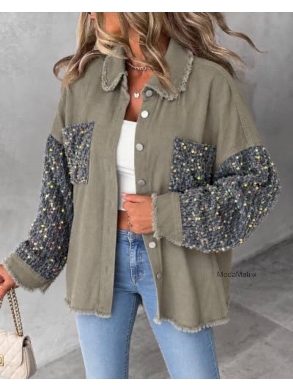 Oversized Rhinestone Sequin Patchwork Shacket Drop Shoulder - Picture 3 of 6
